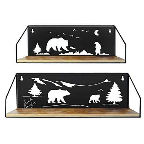 Giftgarden Floating Shelves for Wall with Unique Adorable Bears Cutouts, Wood Wall Storage Shelf for Bathroom Bedroom Living Room Kitchen, Black, Set of 2