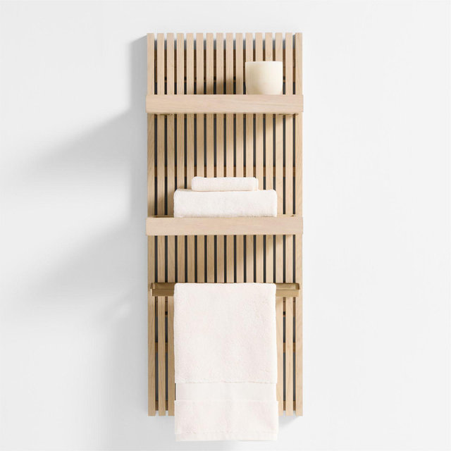 Batten 39" White Oak Wood Bath Wall Panel with 2 Bath Wall Shelves and 1 Brass Bath Towel Bar