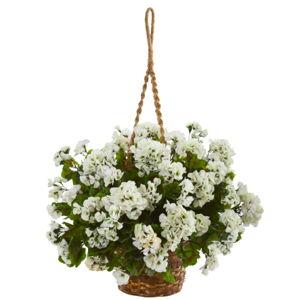 Nearly Natural 19-in White Indoor/Outdoor Hanging Geranium Artificial plant