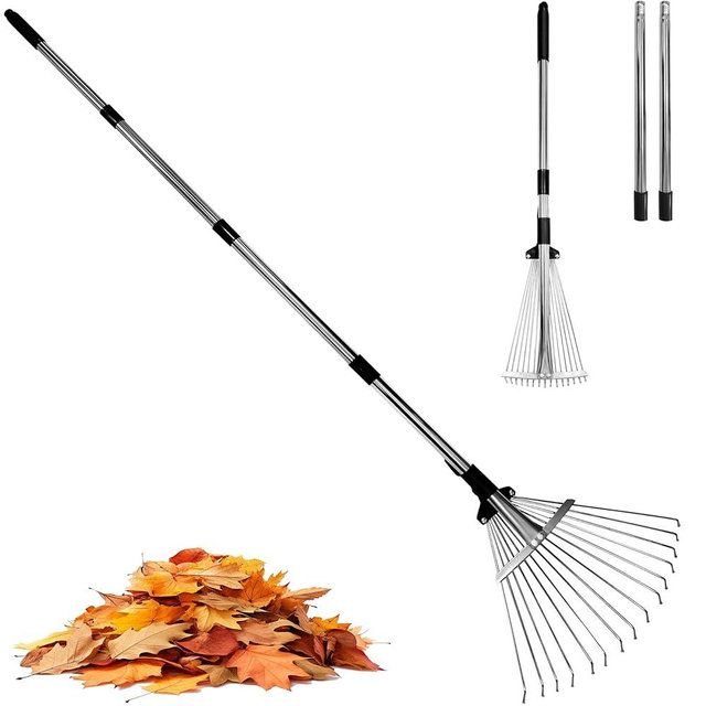 Garden Rake for Leaves,Heavy Duty Metal Adjustable Leaf Rake for Lawns,Long Handle 33"-69" with Expandable Head 8"-15",Garden Tools for Yard Lawn Shrub Garden Beds