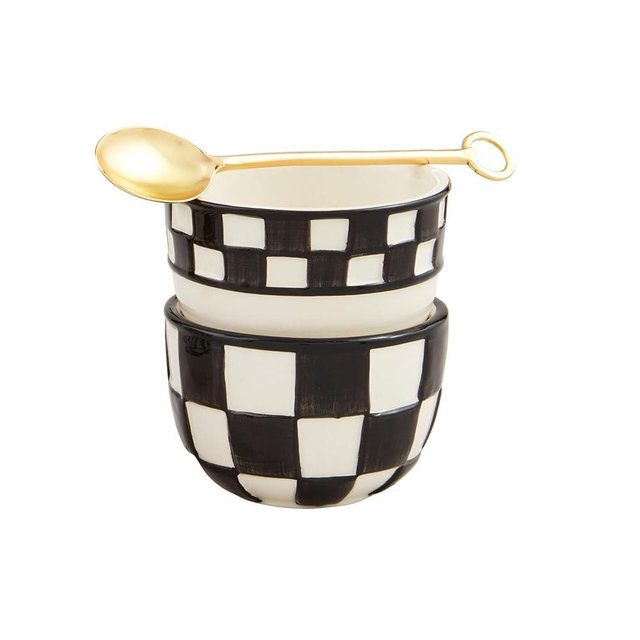 Mud Pie Check Tidbit Set; tidbit 2" x 3" dia | spoon 5"