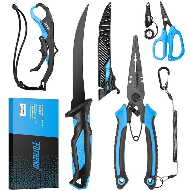 Fishing Tool Kit, Fishing Gear - Fishing Plier with Sheath, Fillet Knife, Fishing Scissors, Fish Lip Gripper, Tool Retractor, Keychain Bottle Opener, Fishing Gifts for Men