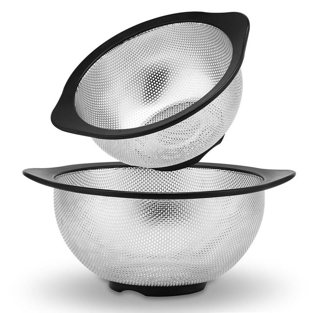 Rorence Stainless Steel Colanders Set: 2.5 and 4.3 Quart Capacities Strainer Set of 2 with Black Non-Slip Handles