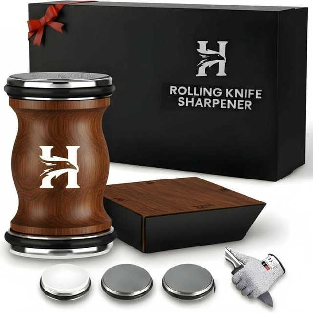 4 Angles High Carbon Stainless Steel Rolling Knife Sharpener with 400, 1000 & 3000 Replacement Discs - Blunt Knife Sharpening Kit with 12°, 15°, 20°, and 25° Sharpening for Kitchen & Chef's Knives