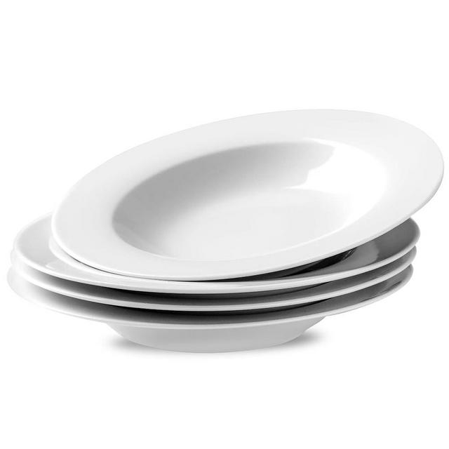 Ceramic Soup Bowls Shallow Plates, Mother's Day 4 Pack White Dinner Bowls Plates, Porcelain Wide Rim, 8.5" (8.5 oz) Shallow Bowls Ideal for Soup Dessert Salad and Pasta, Microwave and Dishwasher Safe