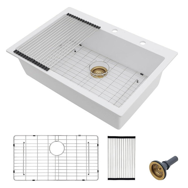 33 Granite Composite Kitchen Sink - Fulorni 33"×22" Granite Kitchen Sink Drop In Topmount White Quartz Classic Above Counter Single Bowl Sink Basin