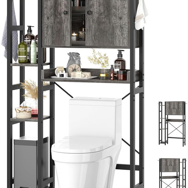 Over The Toilet Storage Cabinet with Doors - 7 Tier Bathroom Organizer with Adjustable Shelf, Freestanding Space Saver Rack Above Toilet Stand with 4 Hooks for Bathroom, Restroom, Laundry, Grey Oak