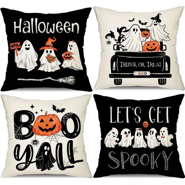 DFXSZ Halloween Pillow Covers 18x18 inch Set of 4 Black and White Ghost Pumpkins Decoration Outdoor Pillow Cases Black Throw Pillow Covers Decor for Sofa Bed Outdoor Car