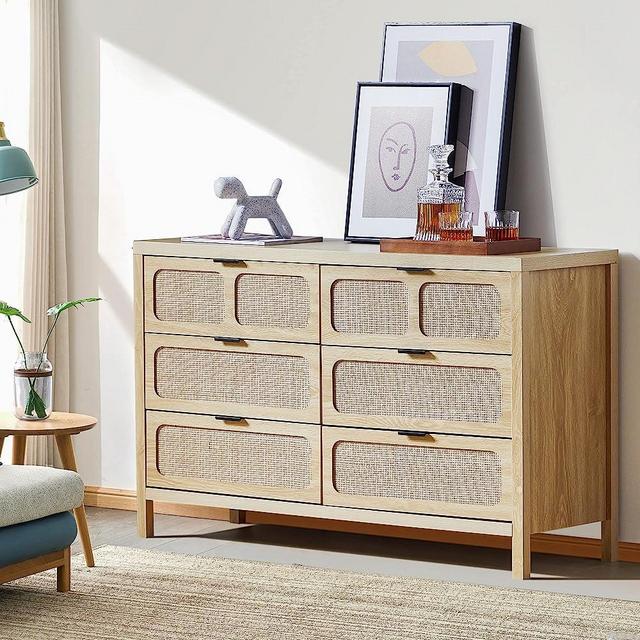 QEIUZON 6 Drawer Dresser, Modern Rattan Dresser Chest with Wide Drawers and Metal Handles, Farmhouse Wood Storage Chest of Drawers for Bedroom, Living Room, Hallway, Entryway (Natural)