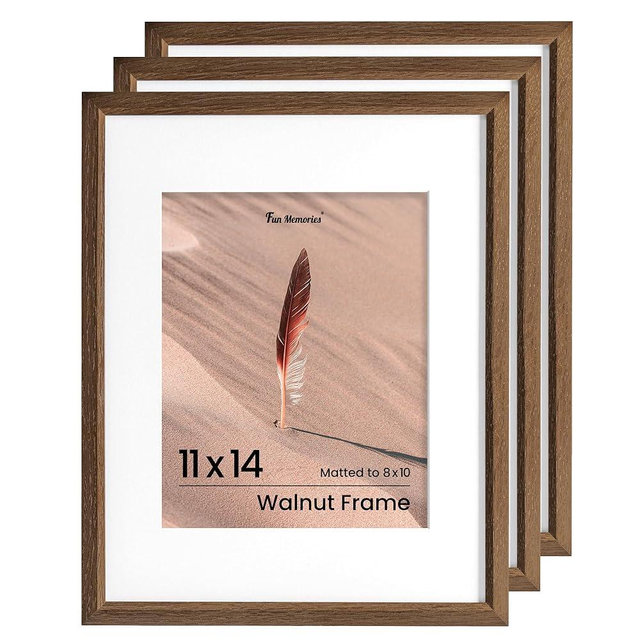 Fun Memories 11x14 Oak Picture Frame for Wall, 11x14 Frame with Matted to 8x10, Solid Wood Poster Frames for Wall Art Photo and Prints (Walnut, 3 Pack)