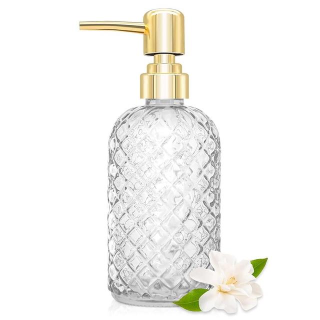 450ml Glass Soap Dispenser with Pump, 16 oz Diamond Cut Design Refillable Liquid Hand Soap Bottle Dispenser for Bathroom, Countertop, Kitchen Sink, Laundry Room, Home Decor Accessories