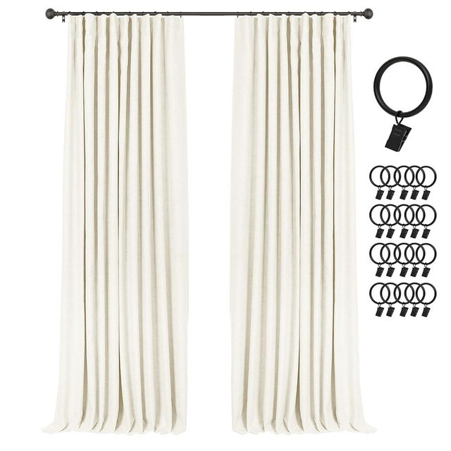 INOVADAY 100% Blackout Curtains for Bedroom, Black Out Curtains 120 Inch Long, Clip Rings Linen Blackout Drapes, Thermal Insulated Room Darkening for Living Room, 2 Panels - Lightcream,W50xL120