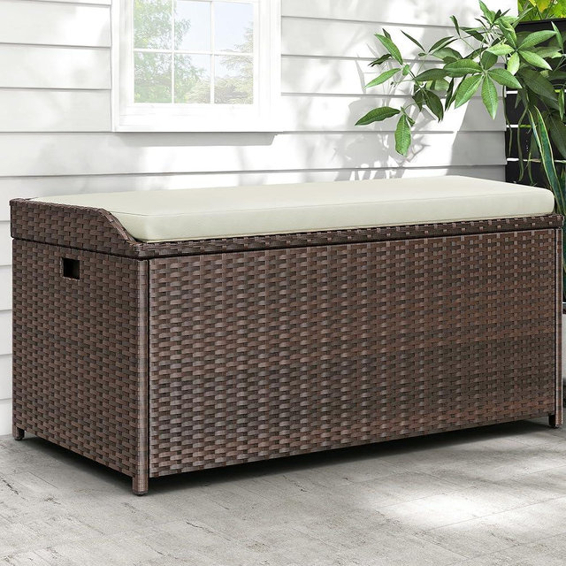 YITAHOME Outdoor Storage Bench, 70 Gallon PE Rattan Patio Storage Bench w/Handles and Soft Cushion,Outdoor Storage Box for Patio, Yard, Lawn, Garden