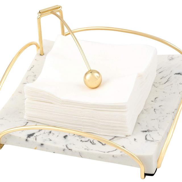 Edeline's Napkin Holder with Sophisticatedly Arched Gold Brass Plate Arm, 7.28x7.28x3.35, for Kitchen Tables, Countertops or Rooms.