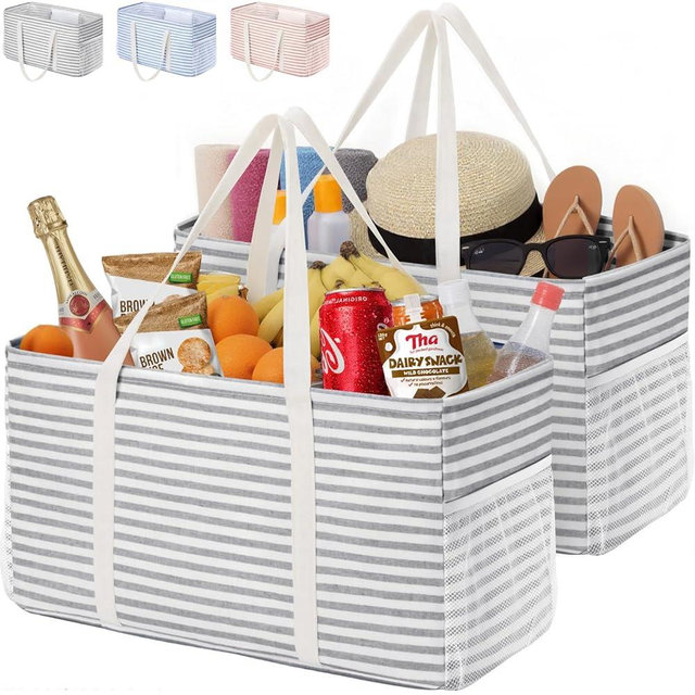 Lifewit Extra Large Tote Bag, Reusable Grocery Bags with Metal Wire Frame and Handles, Standing Utility Foldable Shopping Bags for Storage, Picnics, Beach, Pool, Laundry, Car, Camping, 2 Packs, Grey