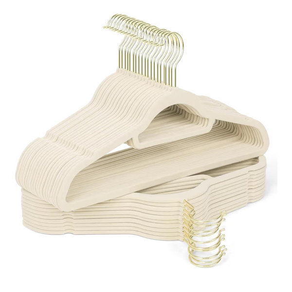 Sishynio Premium Velvet Hangers 30 Pack with Gold Hooks, Non-Slip, Space Saving Felt Clothes Hangers, Sturdy Slim Flocked Hanger for Dresses, Coats, Tie and Pants(Beige)