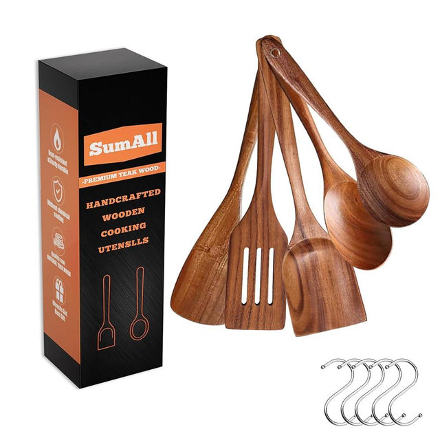 SumAll 5 PCs Teak Wooden Utensil Set with Hooks, Wooden Spoons for Cooking, Wood Cooking Utensils Set, Comfort Grip, Non Stick Cookware, Easy to Clean, Kitchen Stuff, Wood Spatula