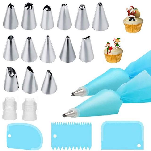 Piping Bags and Tips Cake Decorating Kits Supplies with 14 Stainless Steel Baking Supplies Icing Tips,2 Reusable Silicone Pastry Bags,3 Icing Smoother & 2 Couplers for Baking Decorating Cake,21Pcs