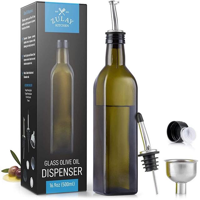 Zulay (17oz) Olive Oil Dispenser Bottle For Kitchen - Glass Olive Oil Bottle With 2 Spouts, 2 Removable Corks, 2 Caps, & 1 Funnel - Oil Bottle For Kitchen & Storing Liquids (Dark Brown Bottle)