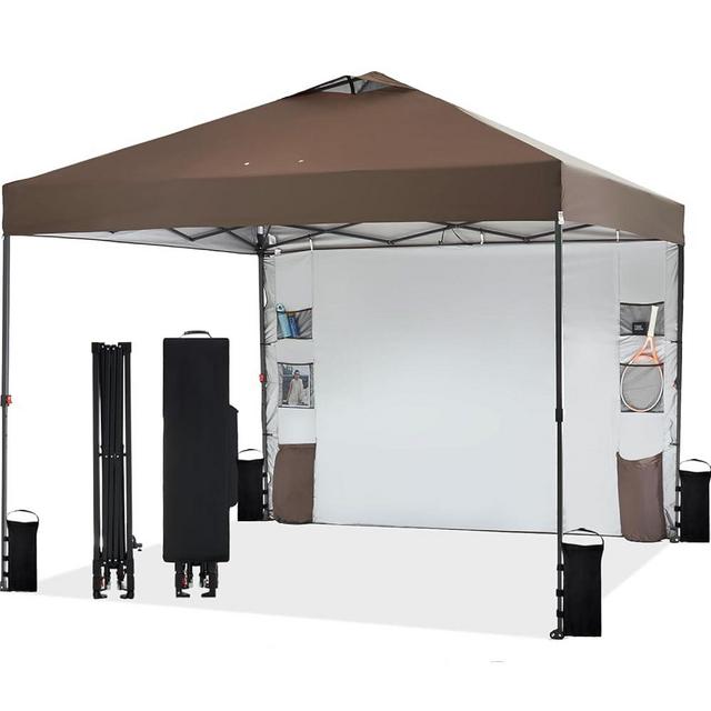 Tunbne 10'x10' Pop Up Canopy Tent with Sidewall and 6 Pockets, Patented One Push, 1 Person Easy Setup, Canopy with Vented Roof for Patio Beach Outdoor, Case, 8 Stakes, 4 Ropes, 4 Sandbags (Coffee)