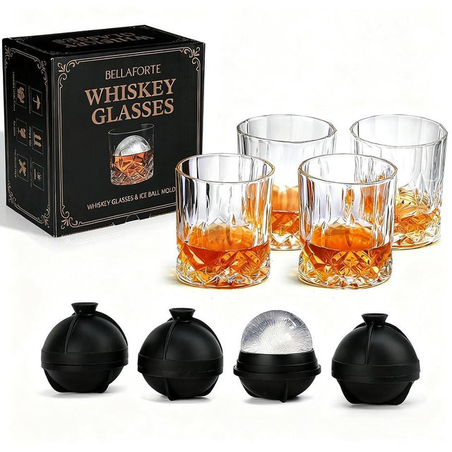 BELLAFORTE Whiskey Glasses, Old Fashioned Glass Set of 8 – 4 Bourbon Glasses + 4 Silicone Ice Ball Molds, Premium 10oz Crystal Rocks Glass, Perfect for Scotch, Cocktails, Rum – Ideal Gifts for Men