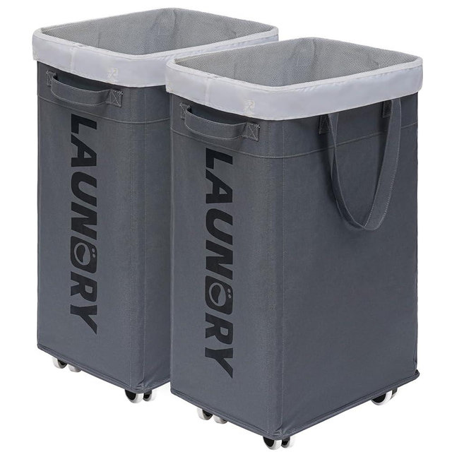 CHICVITA Hamper with Wheels 2-Pack, 75L Large Laundry Baskets with Removable Wash Bags, Foldable Laundry Baskets with Slim Design for Corner Dorms, Rolling Laundry Hamper on Wheels, Grey