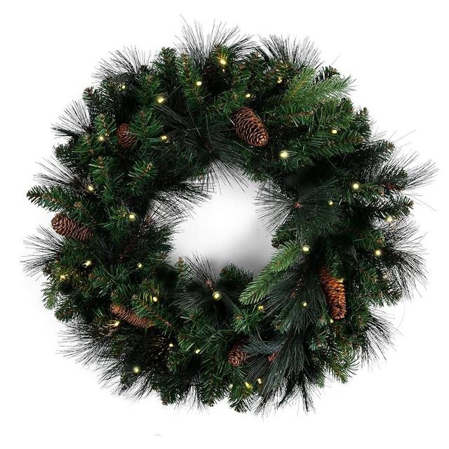 Papyrus 24" Pre-Lit Carolina Pine Artificial Wreath, Pine Cones, Warm White Light, Battery Powered, Indoor/Outdoor