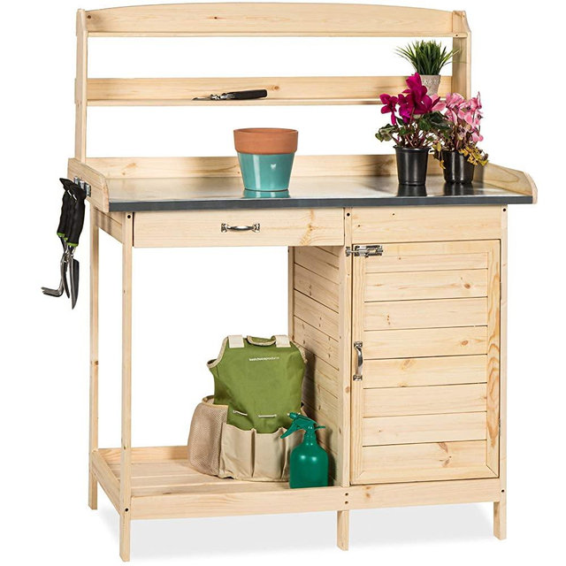 Best Choice Products Outdoor Garden Wooden Potting Bench Work Station w/Metal Table Top, Cabinet, Sliding Drawer, and Large Bottom Shelf, Natural