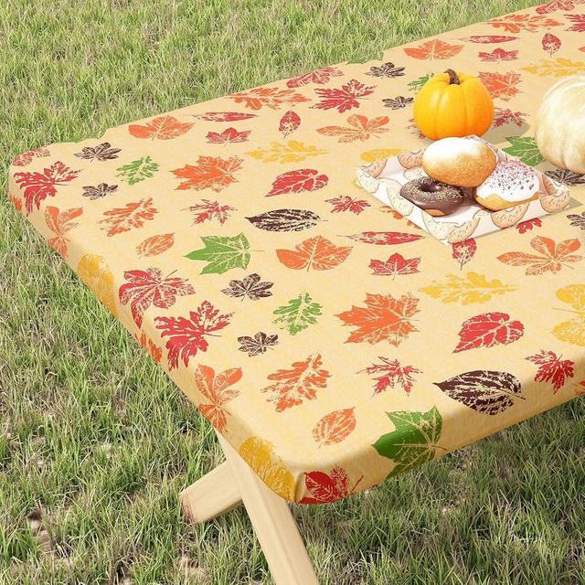 misaya Rectangle Vinyl Tablecloth, Waterproof Flannel Backing Fitted Table Cover, Plastic Table Cloth Fit 6 Feet Folding Table for Fall, Thanksgiving (Colored Leaves, 30x72 inch)