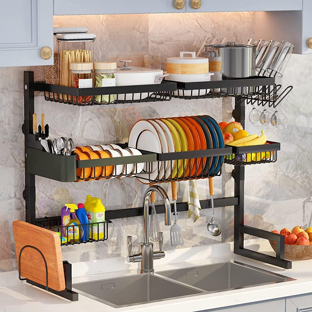 ilvvan Over Sink (31inch≤Sink Size≤39.5inch) Dish Drying Rack (Expandable Height/Length) Snap-On Design 3 Tier Kitchen Large Dish Drainer Stainless Steel Storage Counter Organizer