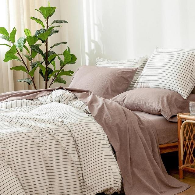 MooMee Bedding Sheet Set 100% Washed Cotton Linen Like Textured Breathable Durable Soft Comfy(Mauve Brown,Queen)