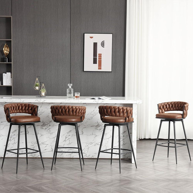 BFZ 26inch Bar Stools Set of 4, Counter Height Bar Stools, 180° Swivel Suede Fabric Stool Chairs with Woven Back and Footrest for Kitchen Island, Cafe, Pub, Bar Counter