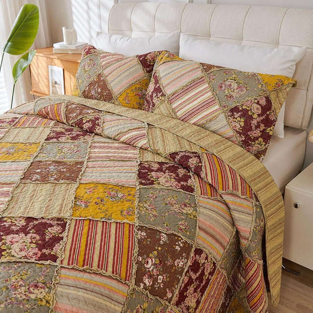 Cmfshape Floral Quilt Sets Bedspread Set 100% Cotton Patchwork Bedding Set, All Season Use Lightweight Reversible Coverlet Quilts with 2 PillowShams(King 106"x96")