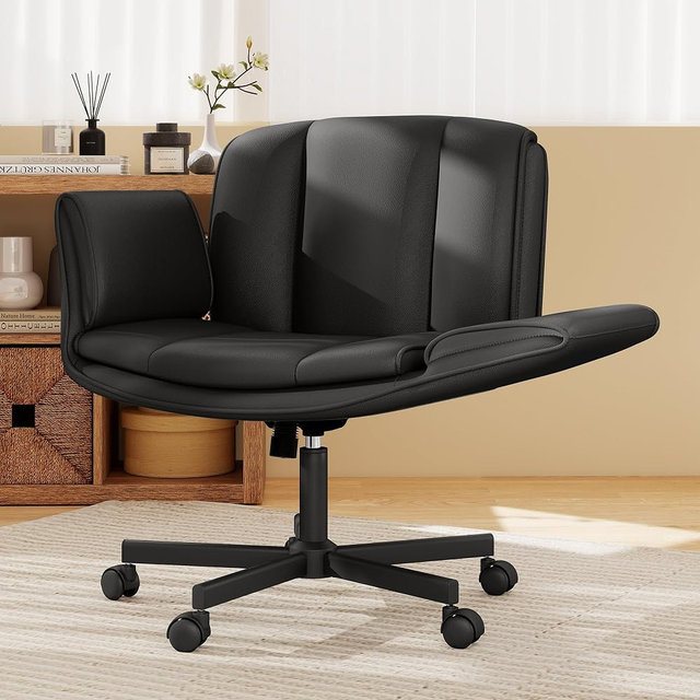 HeroSet Criss Cross Chair with Wheels & Armrests,Comfy Wide Vanity Chair,Scratch-Resistant Pu Leather Cross Legged Desk Chair,Height Adjustable Computer Office Desk Chairs for Home,Makeup,Bedroom