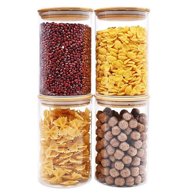 32oz Glass Food Storage Jars, Glass Jars with Bamboo Lids, Kitchen Storage Jars, Canisters with Airtight Lids for Spice, Coffee, Cookie, Set of 4, Pantry Organizers