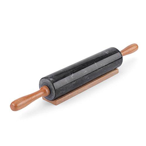 Flexzion Marble Rolling Pin, 18-inch (Black) with Wooden Barrel Handle Holder Base - Heavy Weight Board Stand Slab Set for Baker Baking Bakery Donut Cookie Pasta Dough Pastry Fondant Pie Chef