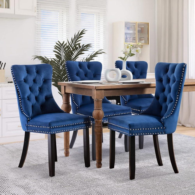 SoarFlash Velvet Dining Chairs Set of 4, Tall Back Side Chair, Modern Upholstered High-end Tufted Side Chair with Button Back Ring, Solid Wood Legs (Blue)