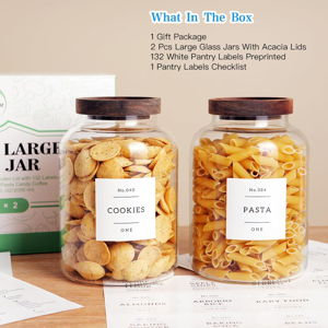 CZHQSMZ Set Of 2 Large Glass Jar with Wooden Lid with 132 Labels, Glass Storage Jars for Flour Pasta Candy Coffee Cookie and More(70 FL OZ/2000 ml)