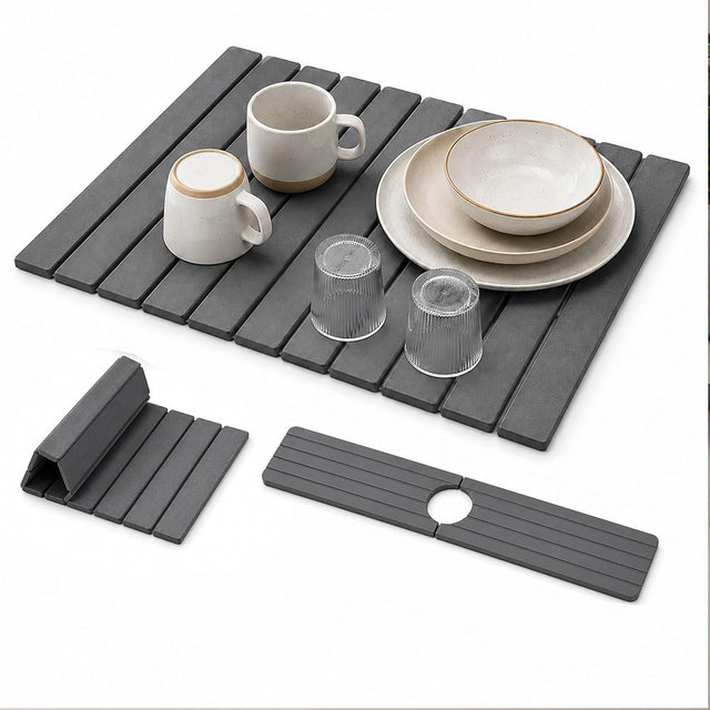 CASALYN HOME&ESSENTIALS Premium Stone Drying Mat Set-39*60CM Natural Dish Drying Mat With Left&Right Faucet Splash Guard Mats 10*60CM,Super Absorbent Quick Dry Kitchen Counter Protector,Dark Grey