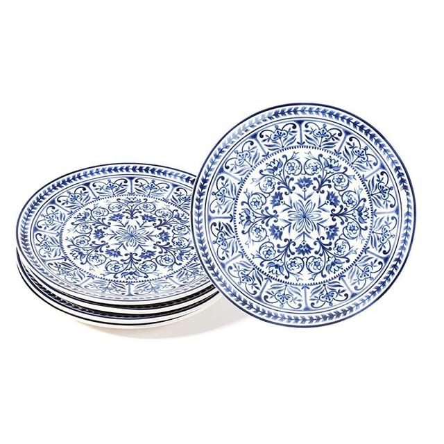 Sonemone Blue Marrakesh Tile Floral 8.75 inch Scalloped Salad Plates, Set of 4, for Salad, Appetizer, Microwave & Dishwasher Safe