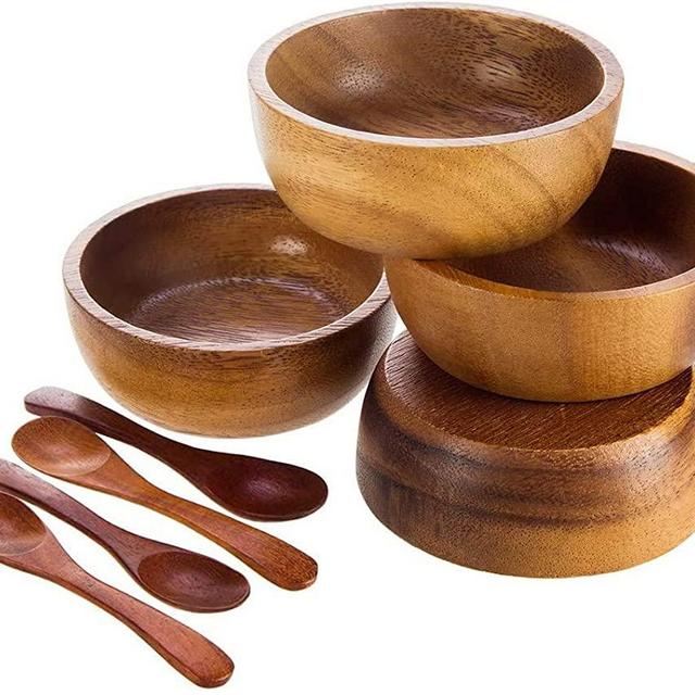 BestySuperStore Acacia Wood Bowl in small size for Condiments, Dip Sauce, Ketchup, Jam, Prep, Olive and Salsa, Dia 2.75"x 1.5 H - Set of 4 (FREE 4 Wood Spoons)