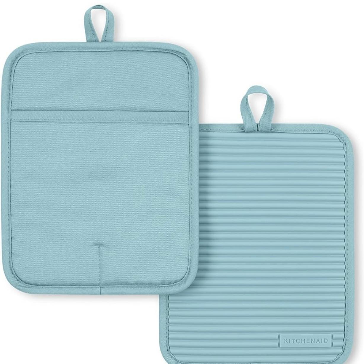 KitchenAid Ribbed Soft Silicone Pot Holder 2-Pack Set, Mineral Water Aqua, 7"x9"
