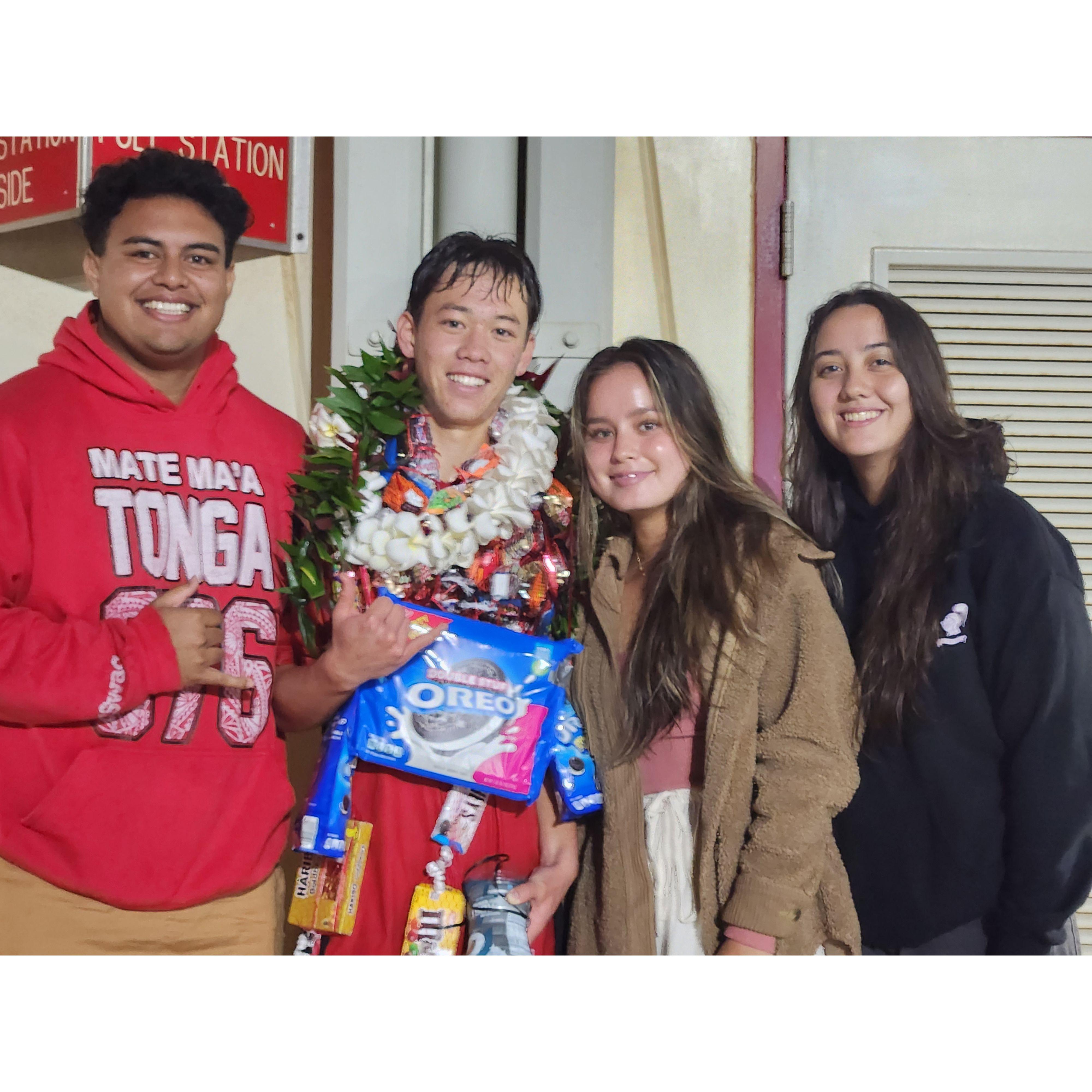 January 10 - Ammon's senior night. Isaac and Alexee made the amazing Oreo leis.