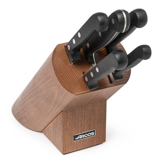 ARCOS Knife Set 5 pieces Nitrum Stainless Steel. Greater cutting power. Pine Wood Block. Ergonomic Polyoxymethylene POM Handle. Series Universal. Greater control. Color Black