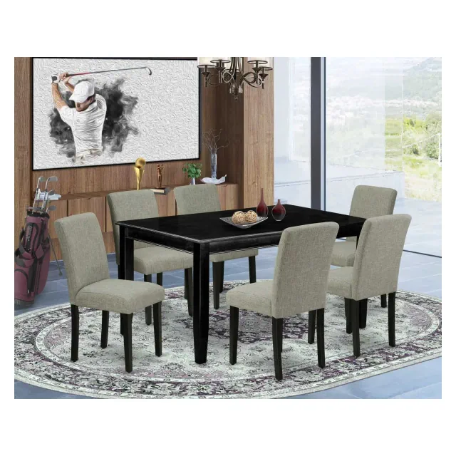 HomeStock 7 Piece Dining Room Table Set Black Rectangle Table Shitake Linen Chairs