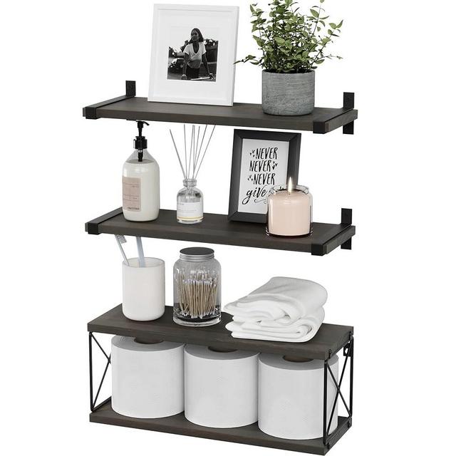 WOPITUES Floating Shelves Wall Mounted, Wood Bathroom Shelves with Extra Storage Shelf, Rustic Wall Shelves for Bathroom, Bedroom, Kitchen, Living Room, Plants - Deep Brown