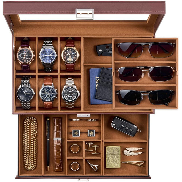 ProCase Mens Jewelry Box, Lockable 6 Slot Watch Case & 3 Slot Sunglasses Organizer, 2-layer Mens Jewelry Organizer Watch Box for Men, Watches Holder Display Storage Birthday Christmas Gifts -Brown