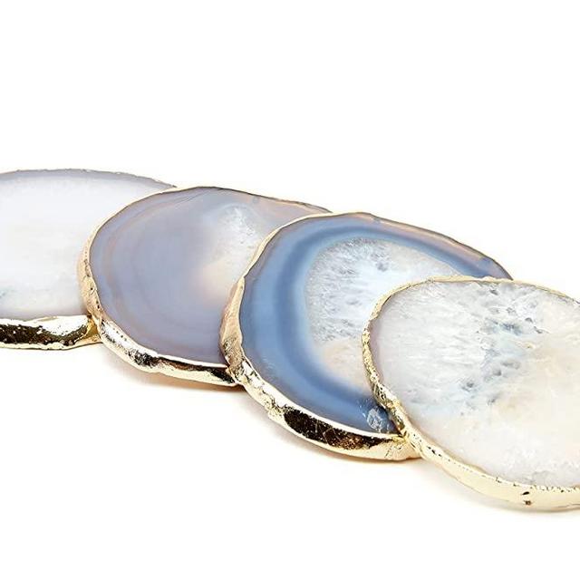 Brazilian Agate Coasters | Natural Agate Gemstone | Coasters for Drinks | Housewarming Gift | Crystal Coasters | Geode Coasters | Stone Coasters | Drink Coasters | Coaster Set by Animal Purity (White)