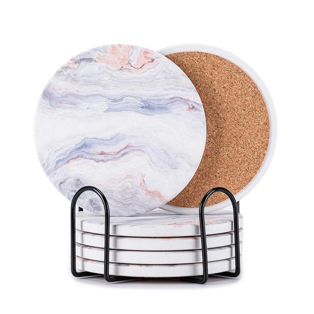 Hoewina 6Pcs Drink Coasters with Holder, Marble Style Ceramic Drink Coaster, Absorbent Coasters Set Suitable for Kinds of Cups, Modern Style Coasters for Coffee Table, 4 Inches（Cloud Style）