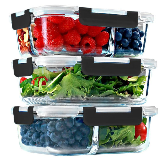 1 & 2 & 3 Compartment Glass Meal Prep Containers (3 Pack, 35 oz) - Glass Food Storage Containers with Lids, Glass Bento Box Containers, Portion Control, Airtight, Oven & Freezer safe, BLACK Lids
